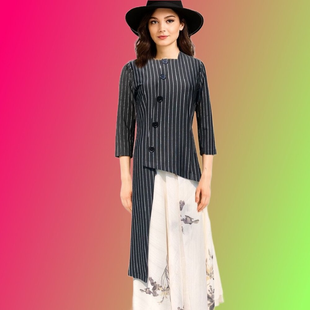 BIRT UK Black Silver Pinstripe Asymmetrical Hemline Statement Tunic Sz M NEW
